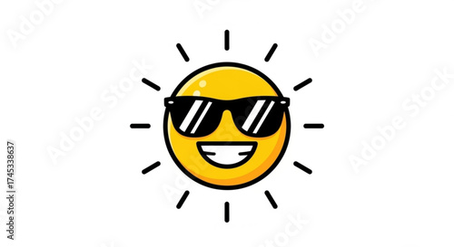A cartoon sun wearing sunglasses and smiling, the sun is yellow and the sunglasses are black the sun has rays coming out of it