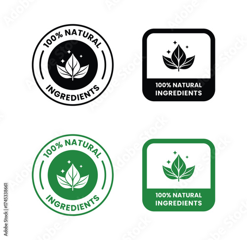 100 percent Natural ingredients label icon set. 100% Natural and organic Product Icon Circle Sign food labels. Healthy Food Emblem. Organic food Badge. Eco friendly icons. Ecologic food stamps. Vector