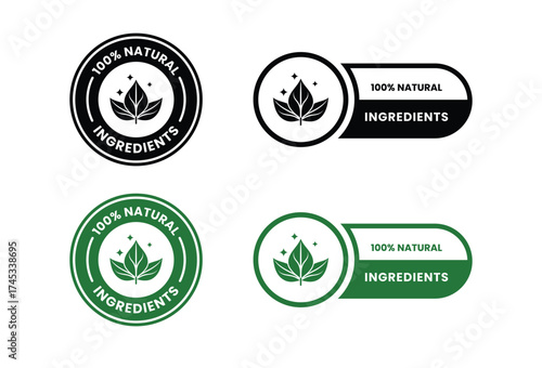 100 percent Natural ingredients label icon set. 100% Natural and organic Product Icon Circle Sign food labels. Healthy Food Emblem. Organic food Badge. Eco friendly icons. Ecologic food stamps. Vector