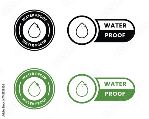 Waterproof icons. Water Proof. Collection of water resistant signs. Water protection, liquid proof protection. Shield with water drop. Anti wetting material, hydrophobic fabric, surface protection
