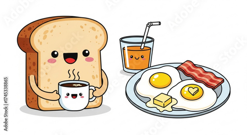 Cute cartoon breakfast illustration with toast, coffee, orange juice, eggs, and bacon a delightful and cheerful morning meal