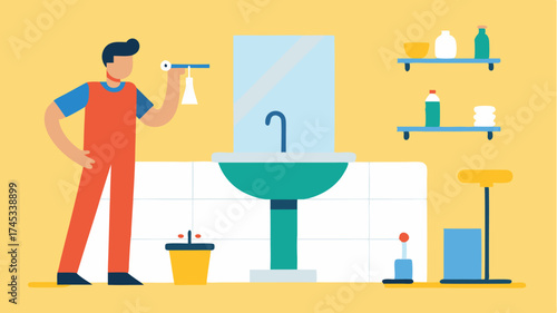 A bright and airy bathroom remodel in progress illustrating a person installing a new sink and faucet with plumbing tools tered around.