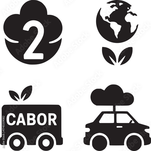 Four black and white environmental icons featuring co2 emissions globe transport and car emissions