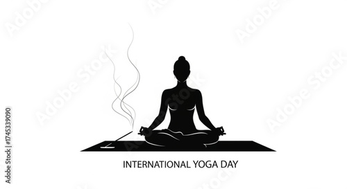 Silhouette of a woman meditating in lotus position, celebrating international yoga day with incense, promoting wellness