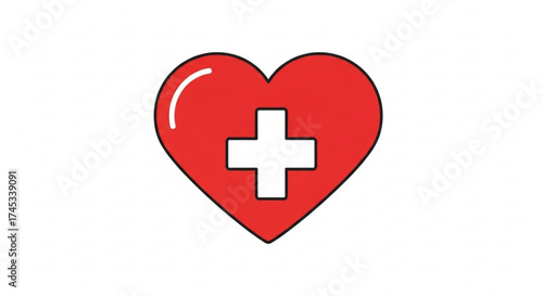 Red heart with a white cross, symbolizing healthcare, charity, love, and support, with a clean and simple design