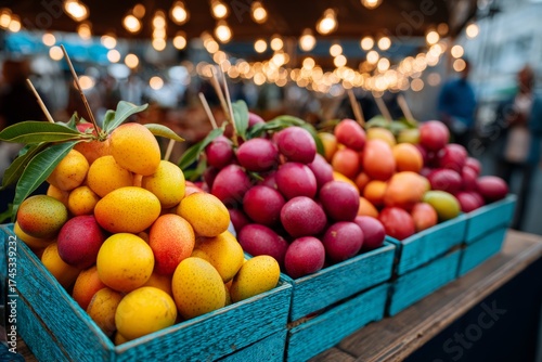 A close-up of a blue crate filled with ripe fruits, set against a blurred market background with warm yellow lights illuminating the vibrant colors of the fruit