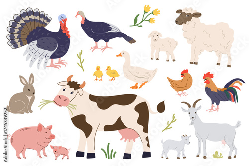 Vector set of various farm animals. There are turkeys, cows, sheep, pigs, goats, chickens, ducks and rabbits, some with their babies.