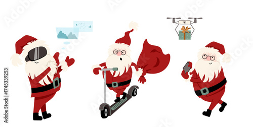 A set of three Santas using modern technology. One uses a virtual reality headset, another rides a scooter, and the last one sets up a drone to deliver gifts