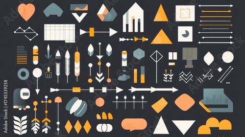 Collection of various graphic elements like icons, shapes, and arrows for design projects.