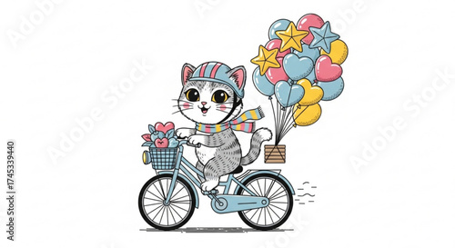 Cute cat riding bicycle with balloons, wearing helmet and scarf, carrying gift in basket, spreading joy and happiness