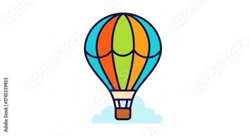 Colorful hot air balloon with basket for travel and adventure, representing freedom, exploration, and the joy of flight