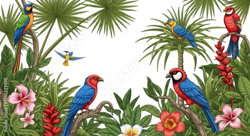 Exotic jungle illustration with colorful parrots, tropical flowers, and lush foliage a vibrant and detailed scene