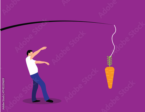 Man walking after Incentive Carrot on the Hook and Rod. People following false promises vector art