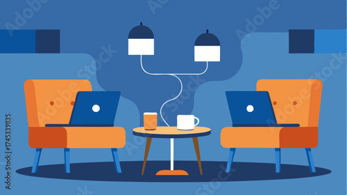 A corner workspace with power outlets and comfortable seating catering to remote workers sipping coffee while using laptops amidst ambient music.