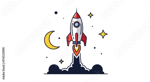 A cartoon rocket ship takes off into space, surrounded by stars and a crescent moon, symbolizing a new business venture