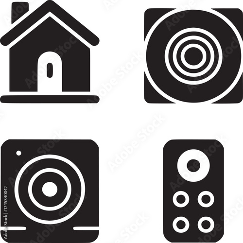Black and white icons depicting a house speaker remote and a circular object on a white background