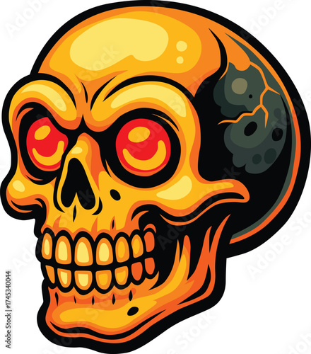 Glowing skull with red eyes and cracked head in fiery tones
