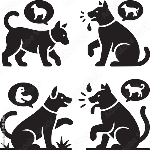 Four black dog icons with thought bubbles showing different animals on a white background design