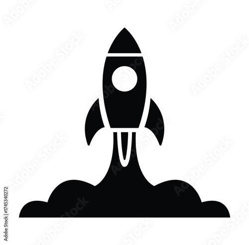 Rocket Launch Icon, Bold Black Silhouette Vector for Startup Growth, Business Launch, Technology, Space Exploration, UI Buttons, and Innovation