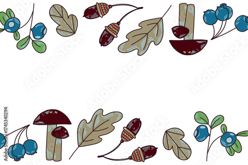 Rectangular vector frame of mushrooms, leaves, blueberries. All objects are hand-drawn in vector. The illustration is suitable for printing on fabric, paper, for product packaging design. Vector