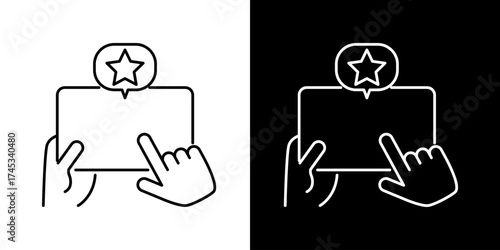 Line icon of hand interacting with a digital tablet, featuring a star notification, symbolizing favorite selections, important alerts, or positive reviews in a modern digital context
