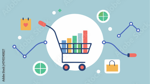 A collage of diverse ecommerce product categories encircling a central shopping cart overlaid with upward trending lines indicating growth trajectories.