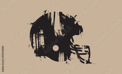 Abstract black football helmet silhouette with textured brush strokes