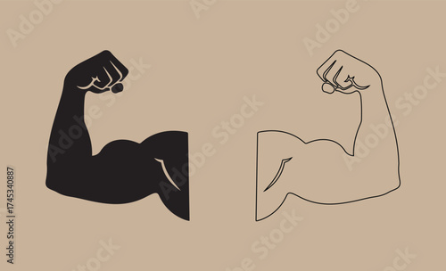 Silhouette and outline of a flexed bicep muscle on a neutral background
