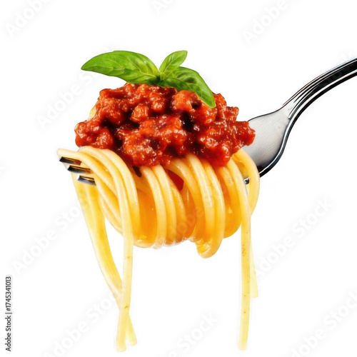Spaghetti bolognese on a fork isolated on transparent background.