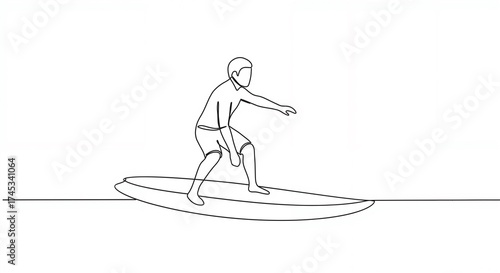 Man surfing on a surfboard, black and white line art, representing summer sports and active lifestyle, with copy space