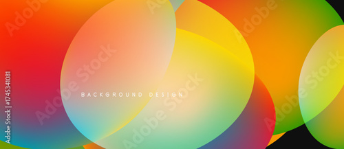 Abstract colorful circles overlap, creating vibrant gradients. Background features smooth transitions between orange, yellow, blue hues. Design feels modern, fluid.