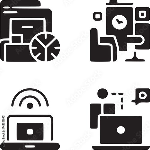 Four black and white icons depicting data analysis work time online presence and communication tools