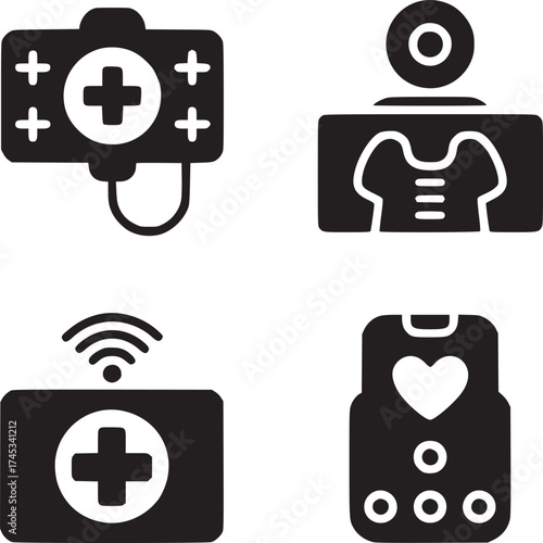 Four medical icons depicting healthcare technology and patient monitoring in black and white style