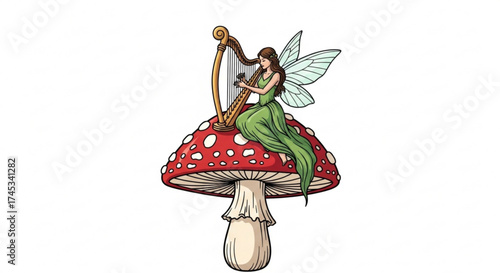 A fairy with wings playing a harp while sitting on a red and white spotted mushroom in a whimsical scene