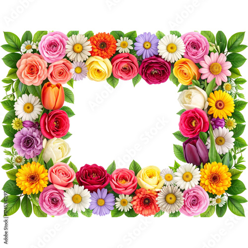 - Square Frame of Vibrant Mixed Flowers with Green Leaves, Isolated on Transparent Background 