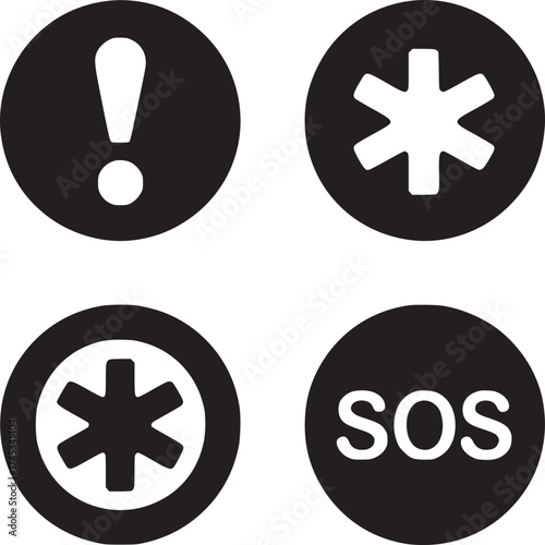 Four circular icons displaying emergency symbols including exclamation point and sos in black and white