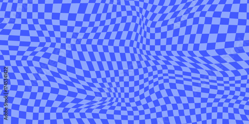 Retro abstract background with a groovy, distorted checkerboard pattern. This psychedelic, wavy design creates an optical illusion in pastel shades of blue