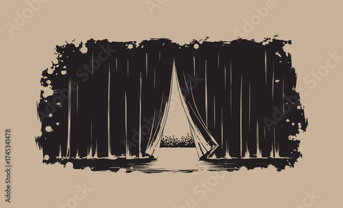 Abstract black ink drawing of a stage curtain opening to reveal a spotlight