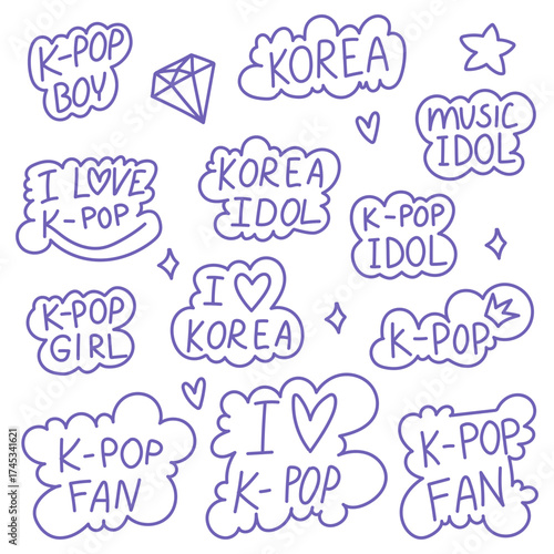 Colorful set of doodle-style clouds with handwritten phrases expressing love for K-pop, Korean idols, music culture. Flat design illustration youth-themed designs, fan art, and pop culture projects.