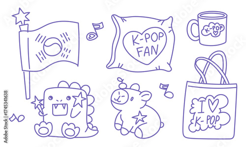 Doodle set of fan items for K-pop idols soft toys, dragon, capybara, shopper bag, mug, pillow, Korean flag with love quotes. Purple items. Great for merch, posters, fan art, pop culture designs.
