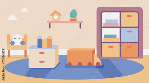 A childs playroom with a soft area rug minimalist storage bins and a few simple toys arranged neatly fostering an organized yet playful atmosphere.