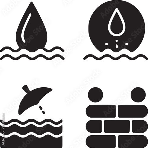 Four black and white icons depicting water drops, water waves, and a brick wall in a graphic design