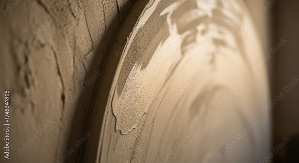 Obraz premium Freshly applied limeplaster on a curved corner wall wet and smooth revealing artisan skill and organic building materials.