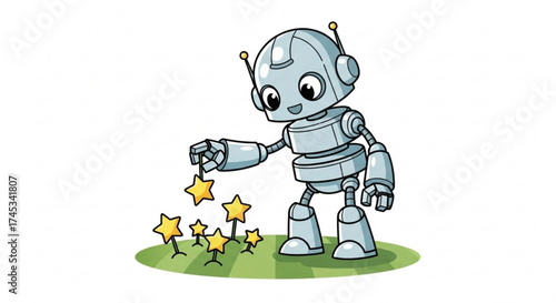 Cartoon robot with antennas and big eyes picking up yellow stars from a green patch on a white background
