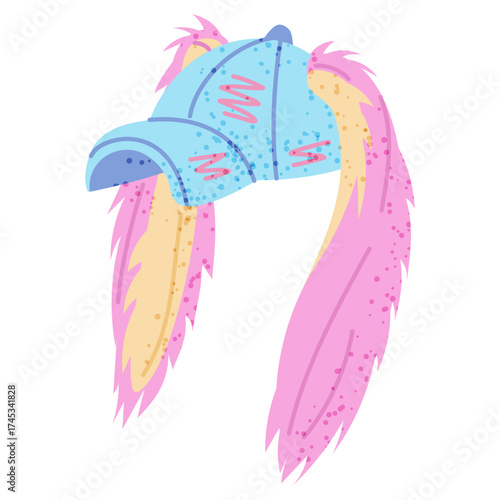 Cap with rabbit fluffy ears, fan support Korean K-pop celebrities. Flat color isolated illustration with texture. Trendy fashion hat. Delicate cap with fur ears. Youth fashion. Love for South Korea