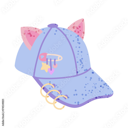 Cat ears cap, fan support for k-pop celebrities in Korea. Flat color isolated illustration with texture. Trendy fashion hat. Blue cap with ears, piercing, and bead pin. Youth fashion. South Korea
