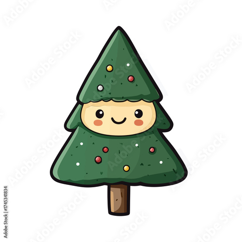 cheerful Christmas tree character with ornaments in a cute cartoon or kawaii vector style. Ideal for blogs/websites targeting family, kids, holiday crafts, or greeting cards