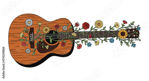 Illustration of an acoustic guitar with flowers growing along the strings and on the body of the guitar