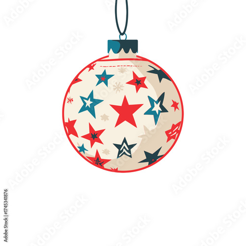 A classic Christmas ornament with red and blue stars on a light background, suspended by a string. Ideal for holiday greetings or patriotic festive designs.