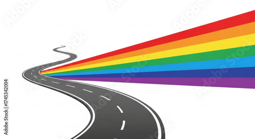 Winding road leading into a rainbow spectrum against a plain white background illustration art design